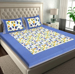 RajasthaniKart 104 TC Cotton Double Jaipuri Prints Flat Bedsheet(Pack of 1, Blue)