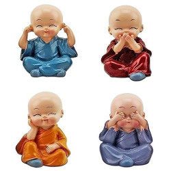 ELITEWAVE Resin Set Of 4 Buddha Monk Statues Miniature Figurines Showpiece For Wall Shelf Table Desktop Car Dashboard Decoration Home Office Decor (Cute_Buddha_Set-Of-4)
