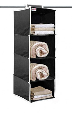 Fun Homes 4 Shelf Closet Hanging Organizer, 4 Tier Closet Wardrobe Organizer Clothes Storage Hanger for Family Closet Bedroom, Foldable and Universal Fit (Black)-FHUNH15327