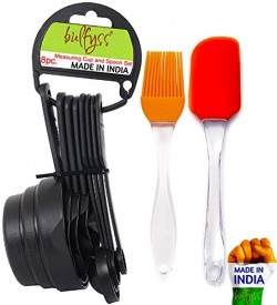 Bulfyss Popular Combo - Food Grade 8Pcs Black Measuring Cups and Spoons Set, Silicone Series Spatula and Brush Set (Made in India)