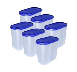 ETOFLI Durable BPA Free Plastic Oval Storage Containers with Airtight Lid Kitchen Storage Jar Suitable for Flour, Cereals and Snacks - Pack of 6 (1500 ml, Blue)
