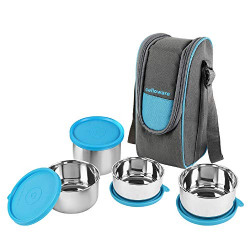 Cello Steelox Stainless Steel Lunch Box Combo 4- Piece with Jacket , Blue, (Capacities - 225ml, 375ml x 2, 550ml) | Stainless Steel Lunch Box Set | LeakProof | Easy to Carry | Easy to Clean | Ideal for Office