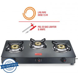 Prestige Atlas Plus Toughened Glass top with Lighter Knife and Hose Pipe Glass Manual Gas Stove(3 Burners)