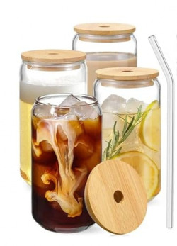 KiKiluxxa Transparent Glass Fruit Juice Milk Sipper Tumbler Mug with Lid and Glass Straw - 540ml - Pack of 1 - Tea and Coffee Cup Can Set (Halifax Plain Tumbler 1)