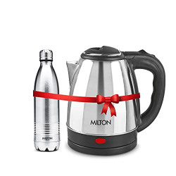 Milton Euroline Combo Set Go Electro Stainless Steel Electric Kettle, 1.2 Litres, Silver and Duo DLX Thermosteel Hot or Cold Stainless Steel Water Bottle, 500 ml, Silver