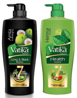 Dabur Vatika Long & Black Shampoo With The Goodness Of Amla & Bhringraj For Shiny, Black Hair, 640ml & Vatika Health Shampoo With Henna & Amla For Problem Free Hair, 640ml