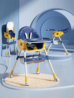 StarAndDaisy Folding Baby High Chair Recline Highchair Height Adjustable Feeding Seat Wheels *Upgraded Version with Wheel and PU Cushion pad* (TT Blue Yellow)