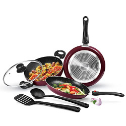 Milton Pro Cook Kitchen Jewel Set of 5 (Fry pan 24 cm/1.6 Litres; Kadhai 24 cm/2.5 Litres with glass lid; Tawa 25 cm; Nylon Laddle and Spatula), Peach | Induction | Dishwasher | Hot Plate | Flame Safe