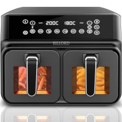 Billord Air Fryer for Home, 8L Dual AirFryers Staineless Steel, Large Airfryer Oiless Healthy Multi-Cooker, Dual Zone Independent Cooking, Toast,Bake,Roast,Reheat, Airfryer with Glass Nonstick Baskets