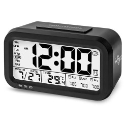 Bulfyss USB Rechargeable Digital Alarm Clock Battery Operated with Date,Indoor Temperature,Smart Night Light,LCD Electronic Clock for Bedroom, Home, Office | 3 Modes of Alarm (Black)