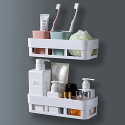 MorivaHomes Multipurpose Wall Mount Bathroom Shelf and Rack for Home and Kitchen. Adhesive Sticker Support Without Drilling (2 Bathroom Shelf), Acrylic