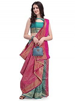 EthnicJunction Women's Kanchipuram Silk Half and Half Woven Saree With Blouse Piece (EJ6004-Kanjeevaram-Rama Pink_Rama & Pink)