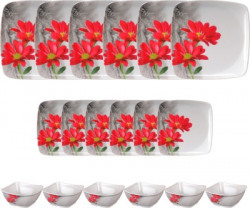 Hamlay Pack of 18 Melamin Red Marigold 18 pcs Dinner Set(Red, White, Multicolor)