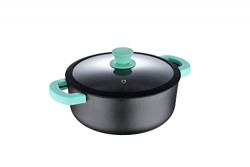 Bergner Elements Cast Iron 24 cm Casserole, Pre-Seasoned, 3.6 L Capacity, For Slow/Dum/Biryani/Curry/Pulao/One-Pot-Meal/Bake/Serve, Teal Blue Silicone Handle & Glass Lid Rim, Induction & Gas ready, 7-Year Warranty