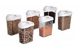 Entisia 750 Ml Easy Flow Container Box - 6 Pcs Plastic Transparent Kitchen Container Jar with Lid, Unique Air Tight Dispenser Box for Cereals, Rice, Pulses, Food, Snacks, Grocery, Dry Fruit (Set of 6)