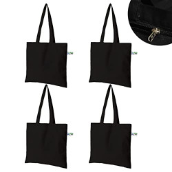 VantageKart Black Cotton Plain Tote Shopping Bags with Zip | Extra Strong 13 Handle | Hold 35 lbs | Heavy Duty, Washable, Eco Friendly Biodegradable Canvas Multipurpose Grocery Bag - Set of 4