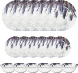 Hamlay Pack of 18 Melamin Blue Feather 18 PCS Dinner Set(Grey, White, Multicolor)