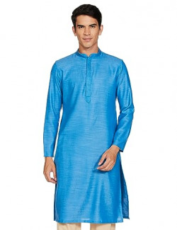 Manthan Men's Kurta, Mandarin Collar Full Sleeves Ethnic Knee Length Kurta for Festival, Wedding, Party Cotton, (Blue - 10) (2XL)