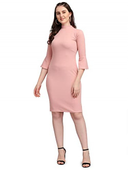 PURVAJA Women's Corduroy Bodycon Knee Length Dress (Ruby-102-Pe-M_Peach
