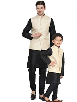 VASTRAMAY Baap Beta Silk Blend Cream and Black Jacket, Kurta and Pyjama Set | Banarasi Brocade Woven Jacquard Modi/Nehru Jacket and Silk Kurta Pyjama Set: A Father-Son Duo of Elegance