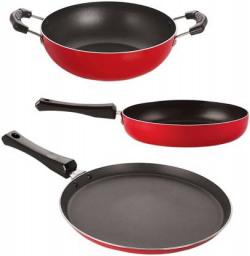 NIRLON Mini (Tawa, Fry Pan, Kadhai), Red Non-Stick Coated Cookware Set(PTFE (Non-stick), Aluminium, 3 - Piece)