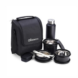 SOPL-OLIVEWARE Teso Lunch Box With Plastic Cutlery,3 Microwave Safe Inner Steel Containers With Bpa Free Lids(290Ml,450Ml&600Ml)Plastic Pickle Box(130Ml)Steel Water Bottle(750Ml)-Black,290 Milliliter