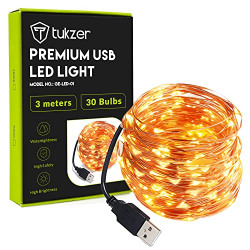 Tukzer Copper LED Fairy String Lights with USB, High Brightness, Low Power Consumption, Indoor Outdoor Decoration, Christmas Decor, LED Strip Light for Party Light, 3 Meter, White, Pack of 1