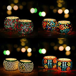 WEBELKART SET OF 3 MOSAIC GLASS TEALIGHT VOTIVE CANDLE HOLDER WITH TEA LIGHT CANDLES FOR LIVING ROOM HOME DCOR INDOOR OUTDOOR(MULTICOLOR, GLASS) (PACK OF 3)