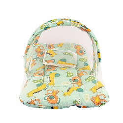 Bumtum Baby Bed, Mosquito Net & Neck Pillow, Baby Gadda Set for New Born, 0-6 Month, Printed Baby Bedding, Baby Teddy Girrafe Sleeping Bed of 71cm x 47cm x 5cm, Dark Blue