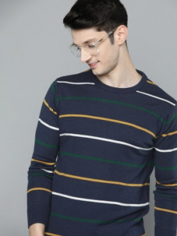 Mast & Harbour Striped Round Neck Casual Men Blue Sweater