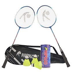 Hipkoo Sports Intact Aluminum Badminton Rackets Set of 2 | Wide Body Shuttle Bat with Cover and 3 Shuttlecocks | Ideal for Beginner| Lightweight and Sturdy| Blue and Red