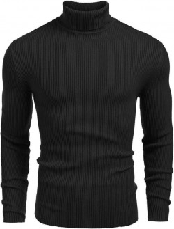 Men Self Design High Neck Wool Blend Black T-Shirt