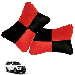 Kandid Red Car Seat Neck Rest Cushion Pillow in Check Design (Set of 2) for Scorpio_PR327