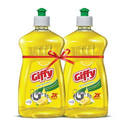 Giffy Liquid Dish Wash Gel with Active Salt & Lemon| 2x Faster Tough Grease Removal & Natural Fragrance| Removes Odour| Easy Lather & Rinse Off| Leaves No White Residues| Hand-Safe| 500ml (Pack of 2)