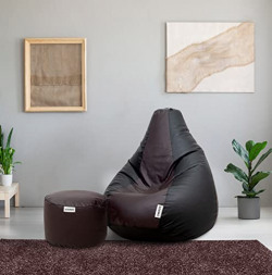 Amazon Brand - Solimo Leatherette 2XL Bean Bag with Footrest, Ready to Use, Filled with Beans (Black and Brown)