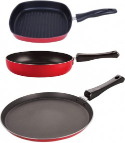 NIRLON Non-Stick Gas Compatible Aluminium Cookware Item Set, 3 Piece, Red and Black Non-Stick Coated Cookware Set(PTFE (Non-stick), Aluminium, 3 - Piece)
