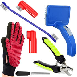 PSK PET MART Dog Grooming Kit Nail Clippers with Filer manual Toothbrush Kit Dog Plastic Slicker Brush with Press Key Pet Grooming Glove for Dog, Multicolor (Pack of 7)