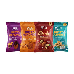 Open Secret Mini Nuts| Pack of 4 (23g each)|Snacks Gift hamper |Caramel Sea Salt & Orange Cocoa Almonds, Cream & Onion Cashew, Tandoori Nuts |Roasted Diet Dry Fruits |Immunity Boosters| Healthy Snacks