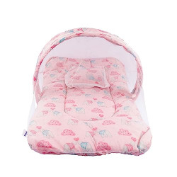 Bumtum Baby Bed, Mosquito Net & Neck Pillow, Baby Gadda Set for New Born, 0-6 Month, Printed Baby Bedding, Baby Bear Sleeping Bed of 71cm x 47cm x 5cm, Light Pink, Cotton, Free Size