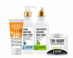 Luster Cosmetics Combo Pack | Green Apple Body Wash shower Gel (300ml) | Extra Whitening Body Lotion (300ml) | Cinnamon Clove Tan Removal Cleanser (100ml) | Sun Protect - SPF 30+ Cream (60ml).