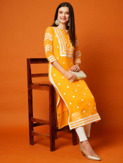 Women Embroidered Cotton Blend Straight Kurta(Yellow)