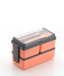 Attro Double Decker Plastic Lunch Box Comes with 3 Detachable Box, 2 Spoons & Stylish Lid BPA Free, Air Tight,Easy to Carry in Bagpack Ideal for Office, School & Oudoor-Coral Peach