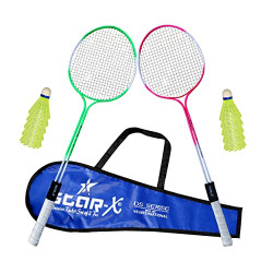StarX Aluminum Shaft Unisex Badminton Racket with Double Wiring, Soft Grip, Light Weight, Cover Protected and Shuttle Cock (Multicolour) - Pack of 10 | Gym Equipment for Home Gym Workout