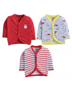 BUMZEE Red & Grey Front Open Full Sleeves Jablas for Baby Boy Pack of 3 Age - 6-9 Months