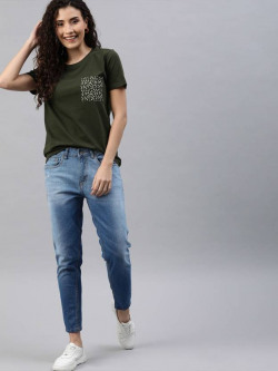Women Printed Round Neck Pure Cotton Dark Green T-Shirt
