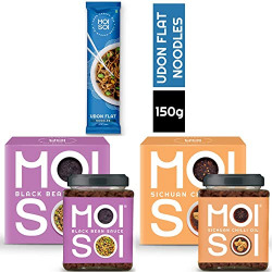 MOI SOI Value Pack - Japanese Udon Flat Noodles & Black Bean Sauce & Sichuan Chilli Oil, Dairy Free, 175 Grams