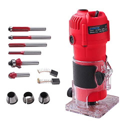 Cheston Trimmer Router 800W No-Load Speed 3000r/min Woodworking Tool Included 6 Router Bits & 6mm, 6.35mm Collets Palm Fixed Base 6-Bits Included & ToolBox Included