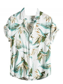 Leriya Fashion Shirt for Men | Tropical Leaf Printed Rayon Shirts for Men | Preppy Short Sleeves | Spread Collared Neck | Perfect for Outing | Beach | Camp Wear Shirt for Boys (X-Large, White)