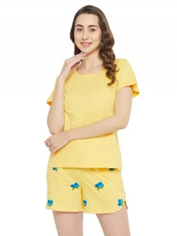 Clovia Women's Cotton Back Print Top & Shorts Set (LS0410D02_Yellow_XL)