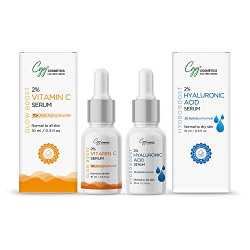 CGG Cosmetics Am/Pm Hydration Formula Combo - 2% Vitamin C & 2% Hyaluronic Acid Face Serum, Targets skin for Dark spots, saggy skin-Dry normal-10ml